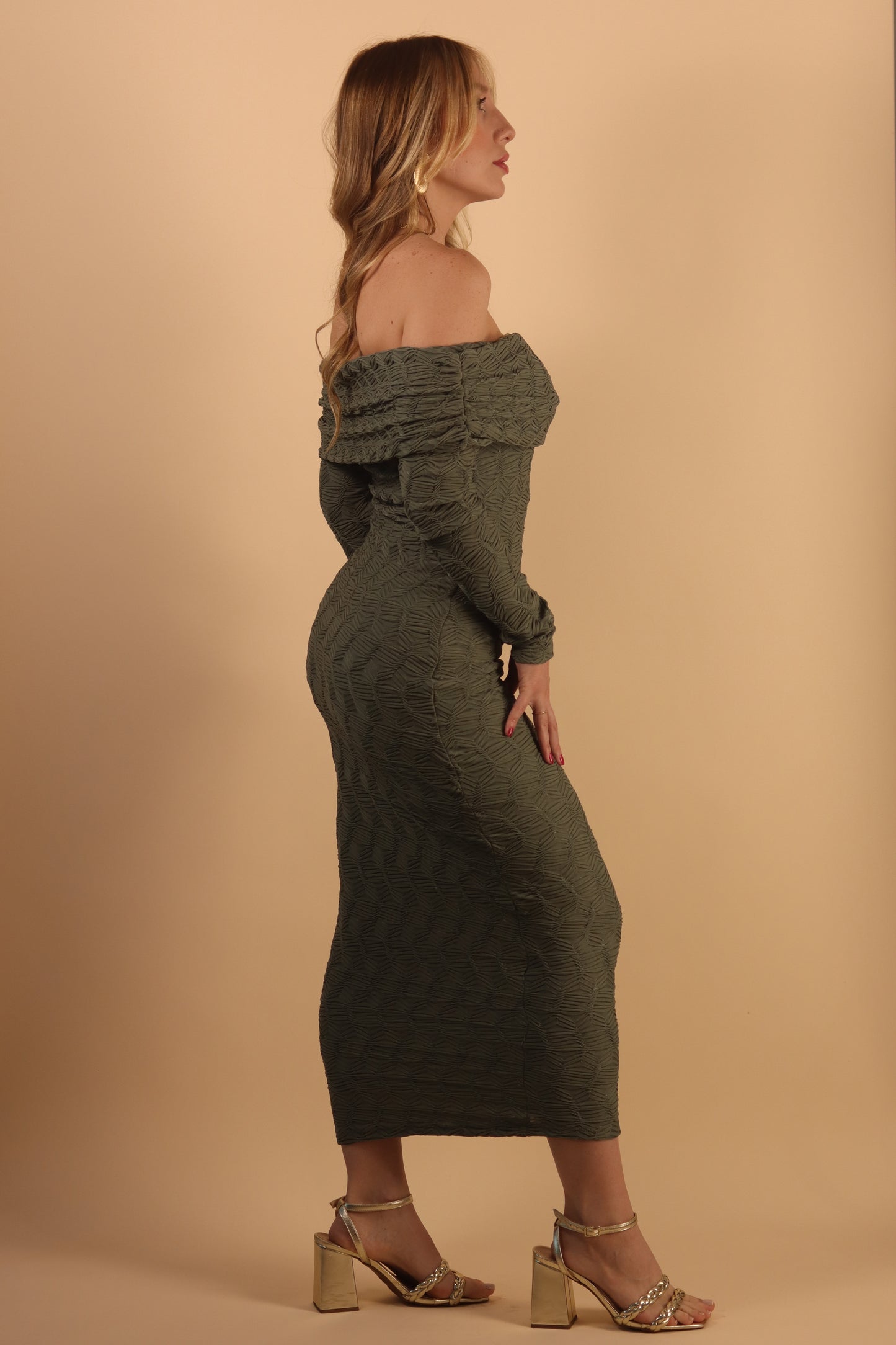 Green Textured Shoulder Midi Dress