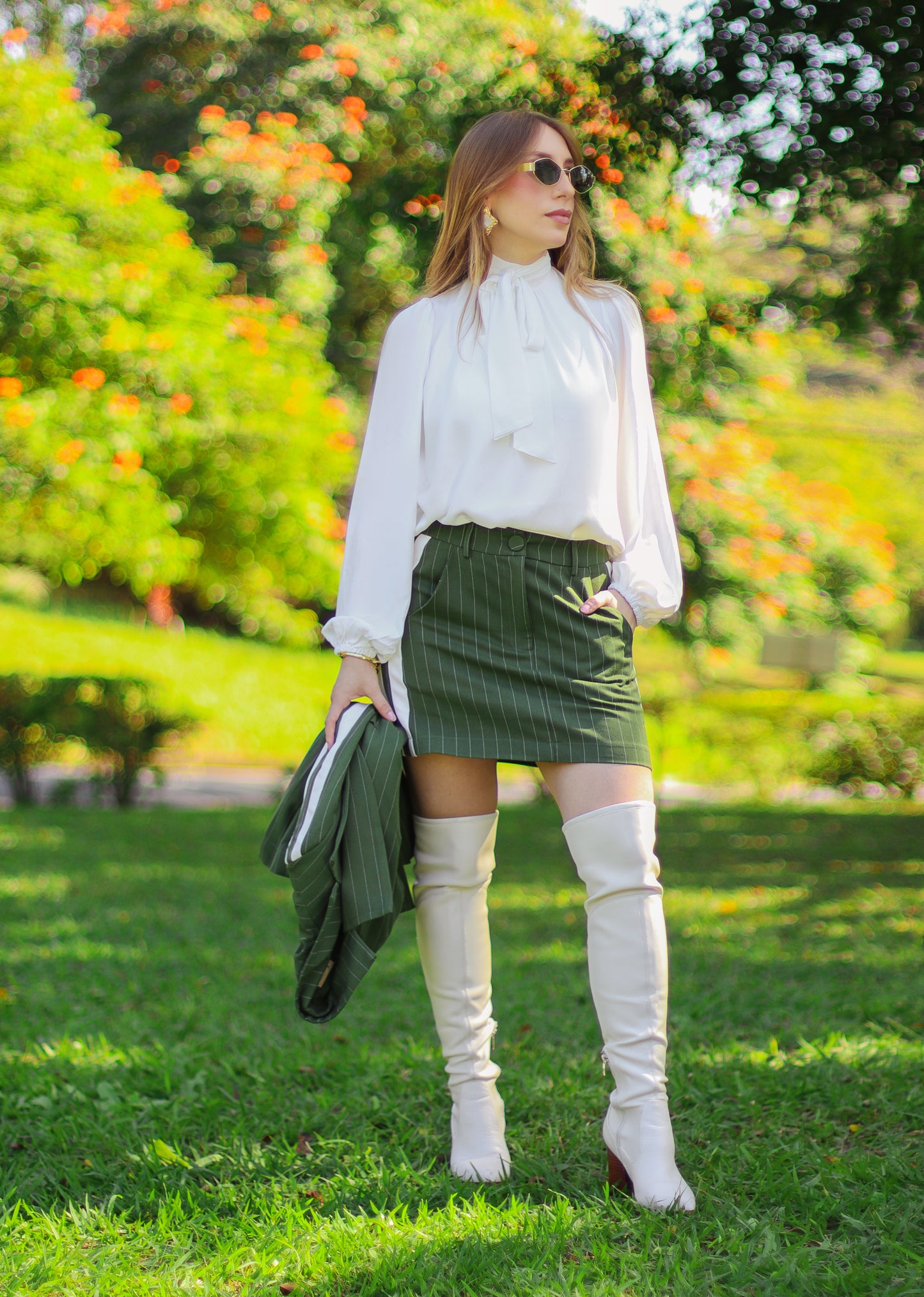 Green Pinstripe Skirt and Blazer Set