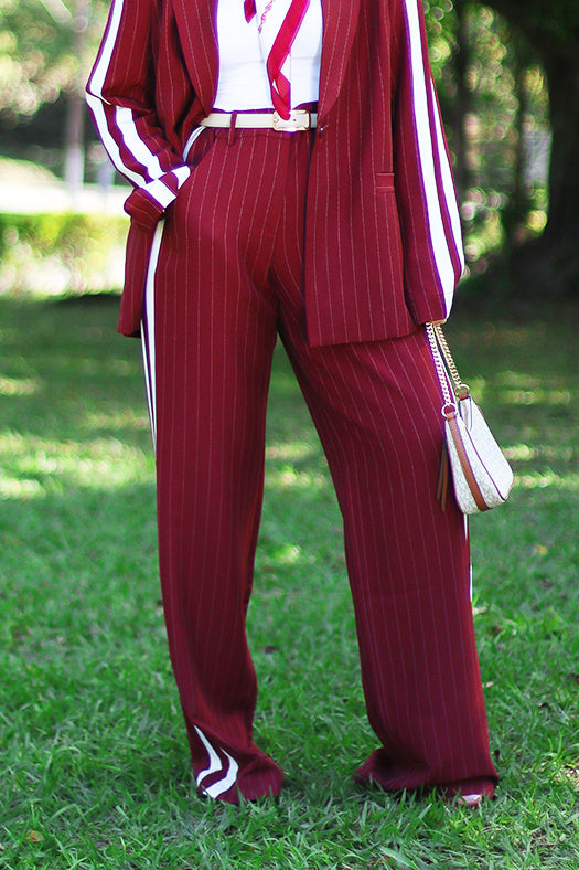 Red Pinstripe Wide-Leg Pants
