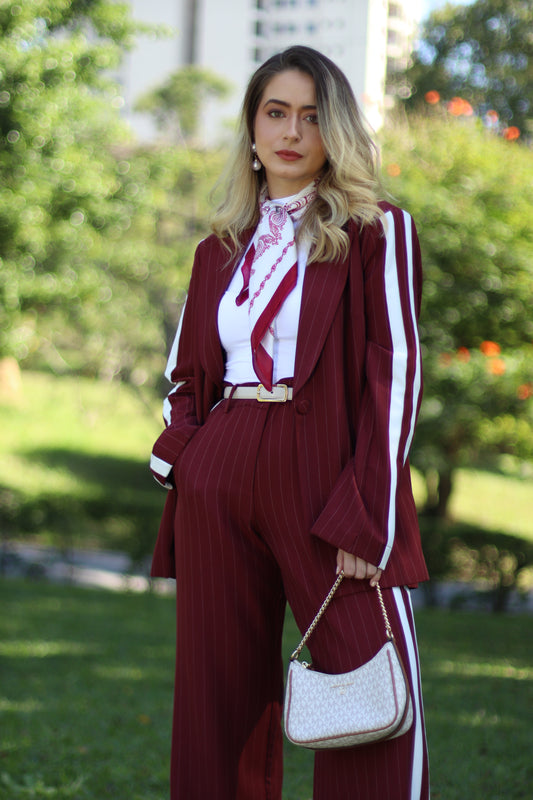 Red Pinstripe Wide-Leg Pants