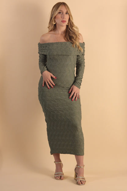 Green Textured Shoulder Midi Dress