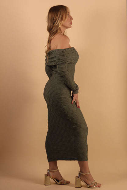 Green Textured Shoulder Midi Dress