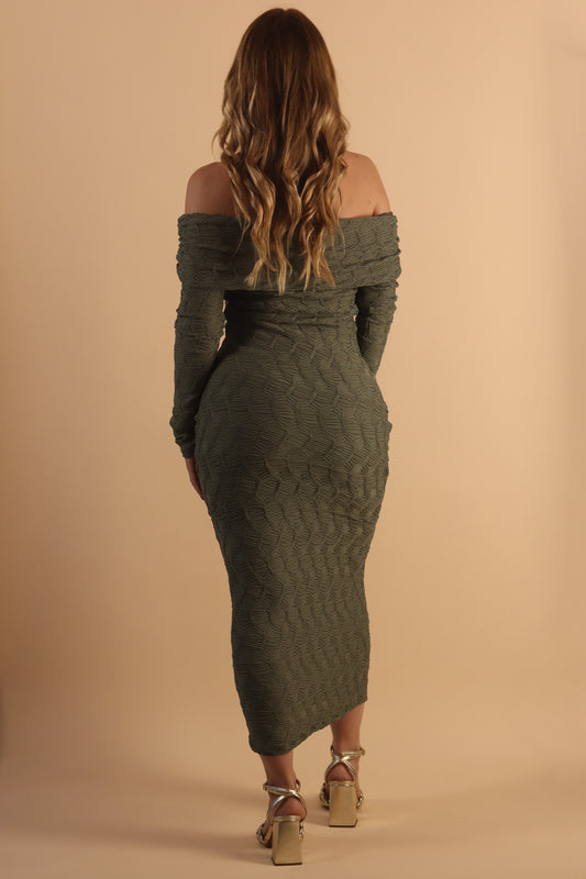 Green Textured Shoulder Midi Dress