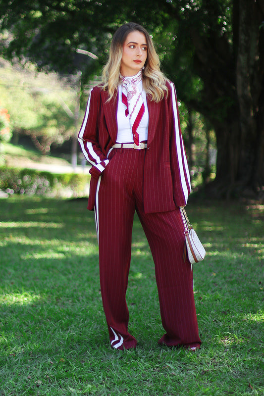 Red Pinstripe Pants and Blazer Set