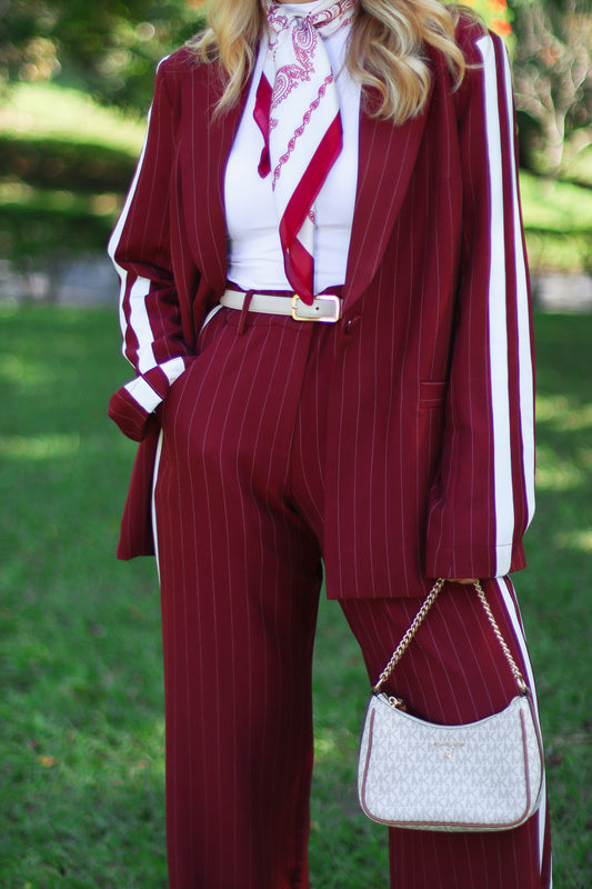 Red Pinstripe Pants and Blazer Set
