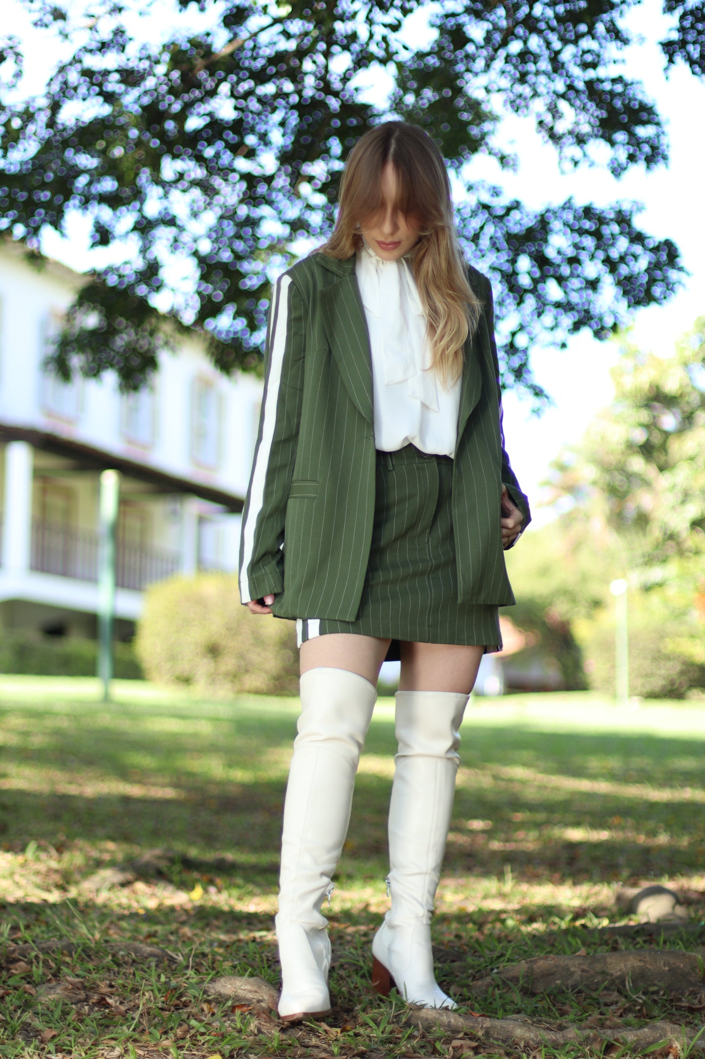 Green Pinstripe Skirt and Blazer Set