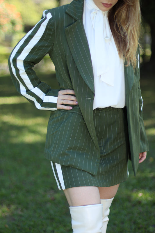 Green Pinstripe Skirt and Blazer Set