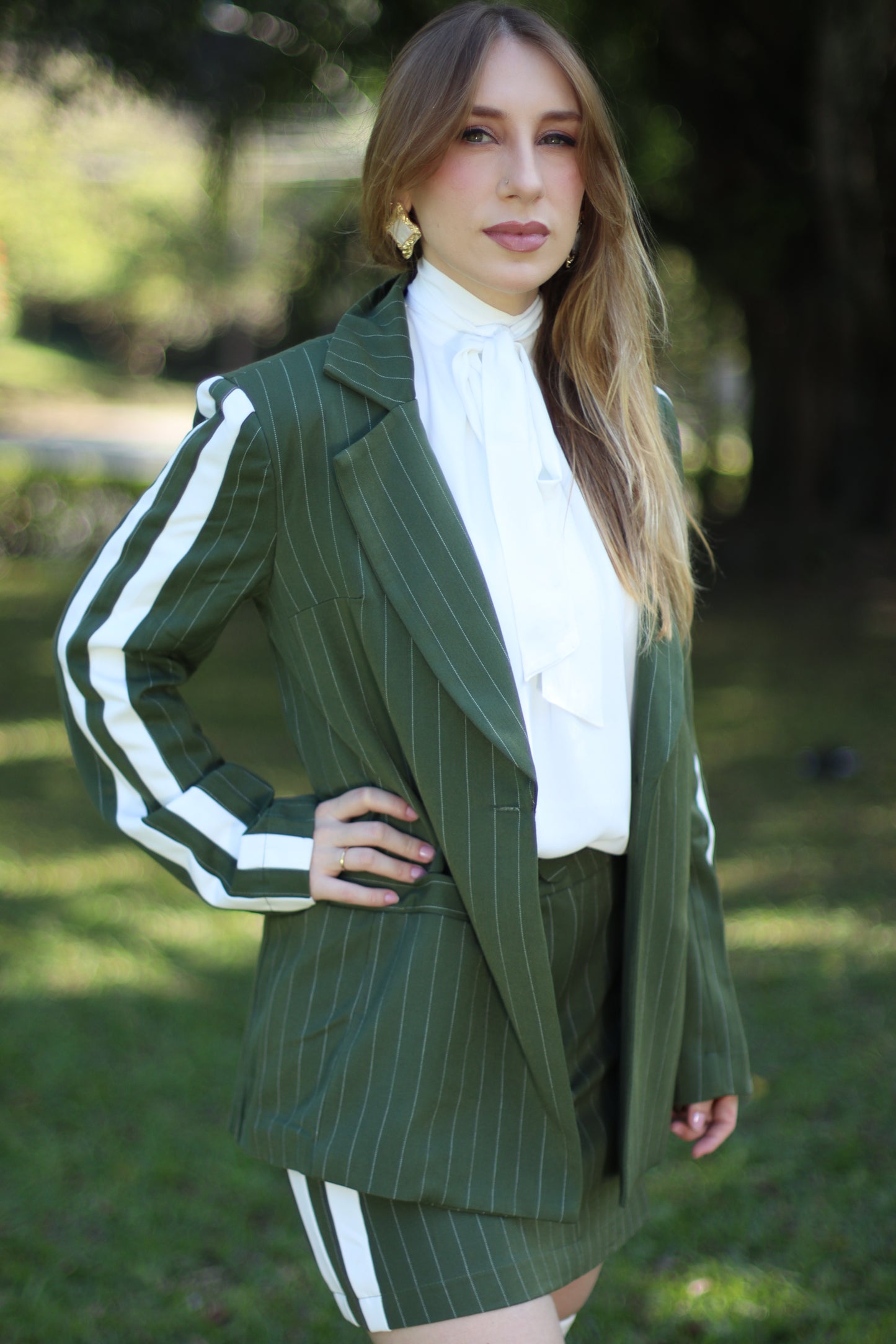 Green Pinstripe Skirt and Blazer Set