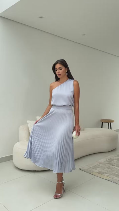 Grey Single Shoulder Satin Blouse